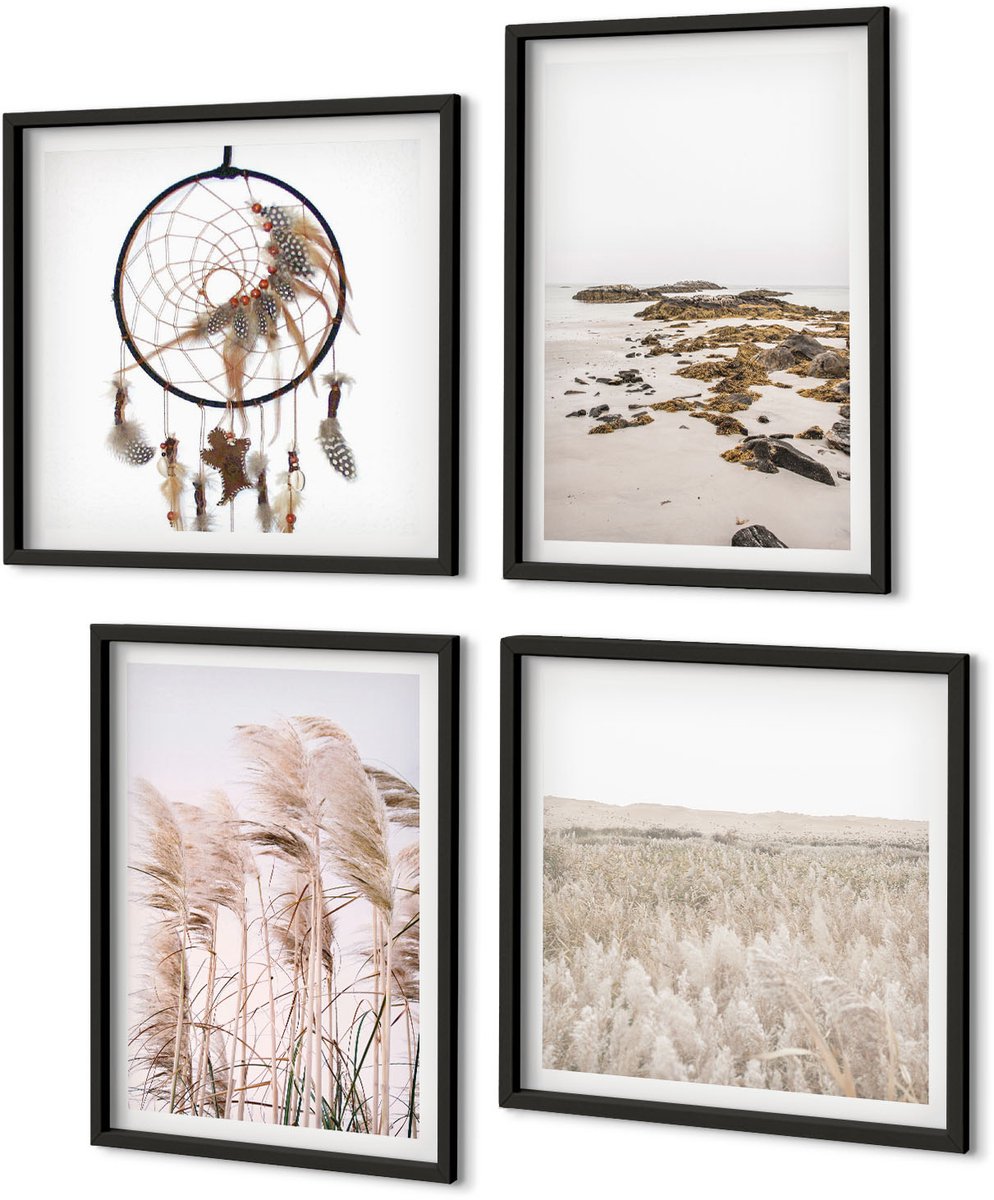 Coloray 4-Delige Schilderij Set - Pampasgrasvelden, Strand, Dromenvanger, Boho-Stijl - 40 x 40 cm En 40 x 60 cm - Decoratieve Schilderijen - Woonkamer - Interieur - Woonkamer Decoratie Zwarte lijst