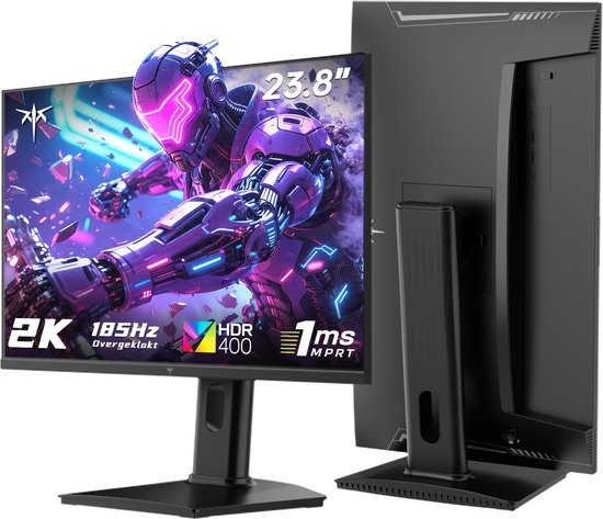 Een set van twee 23,8 inch zwarte monitors, één met een gameafbeelding en specificaties, één van de achterkant.