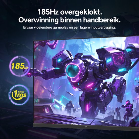 Zwarte monitor met een robot geanimeerde afbeelding en specificaties 185Hz en 1ms MPRT.