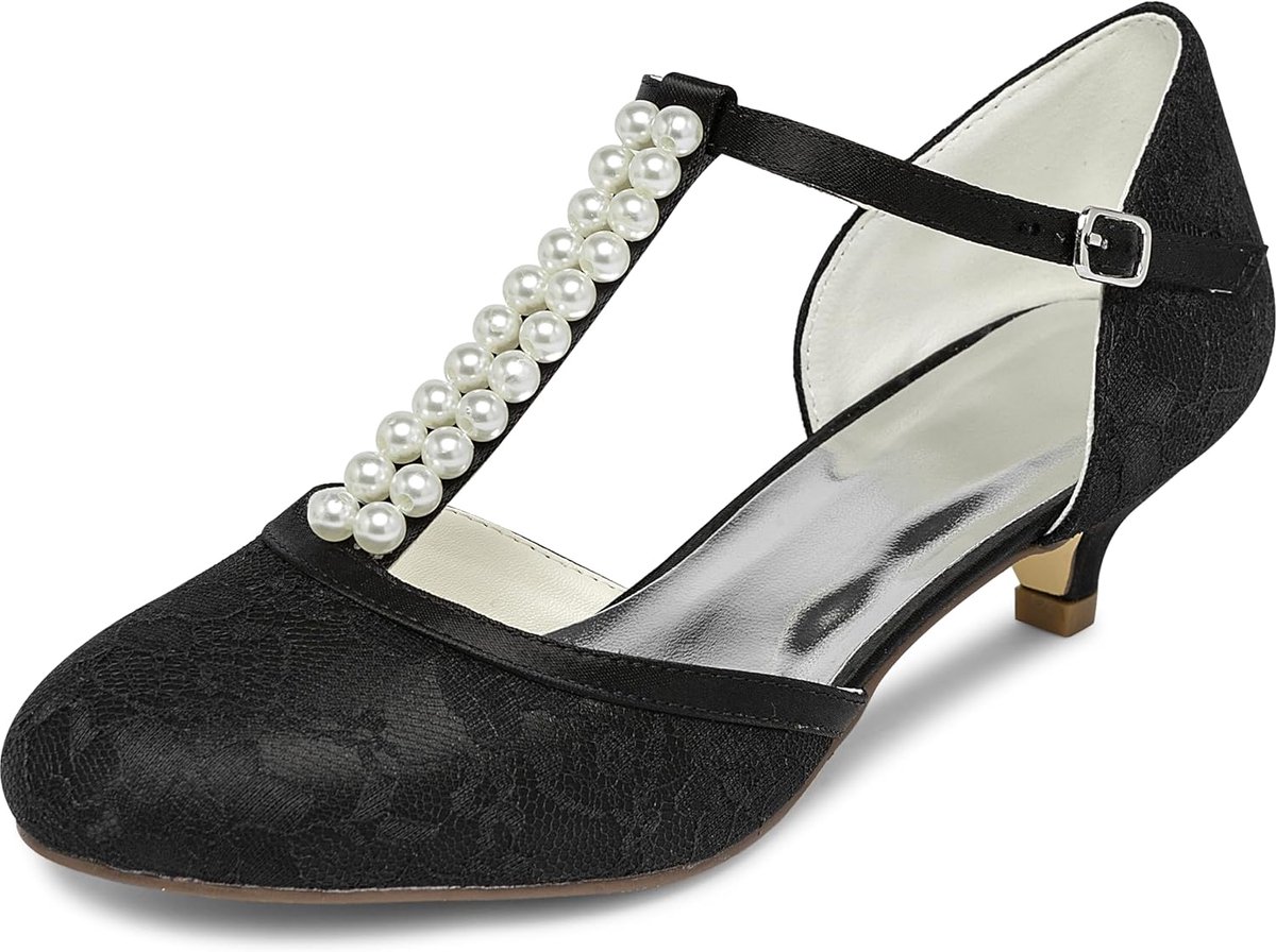 JIA JIA 01129 Women Bridal Shoes Closed Toe T-Strap 4cm Low Heel Satin Pumps with Lace Imitation Wedding Shoes - ShopVlot