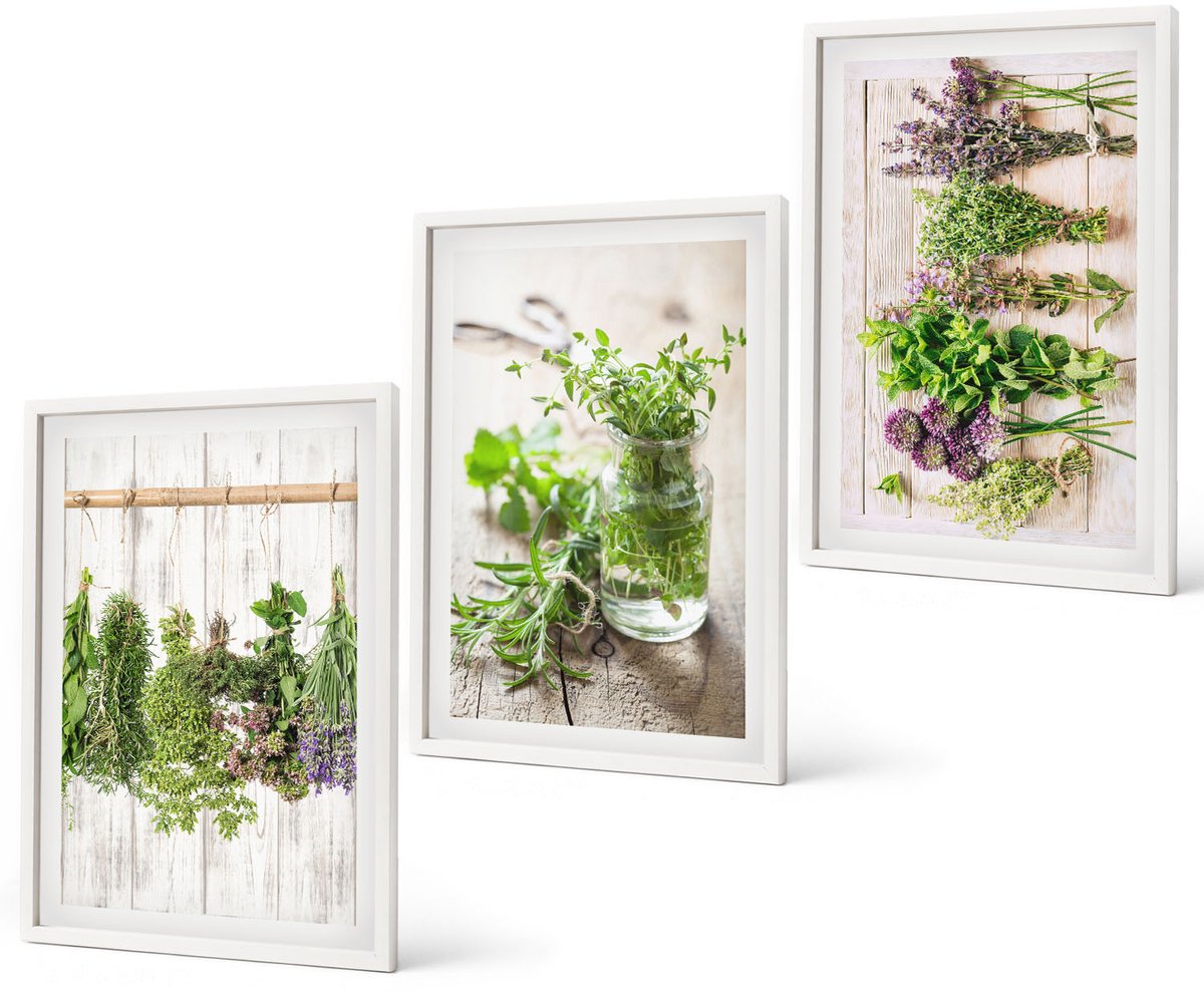 Coloray 3-Delige Schilderij Set - Kruiden En Planten Drogen Voor In De Keuken - 40 x 60 - Decoratieve Muurdecoratie - Slaapkamer