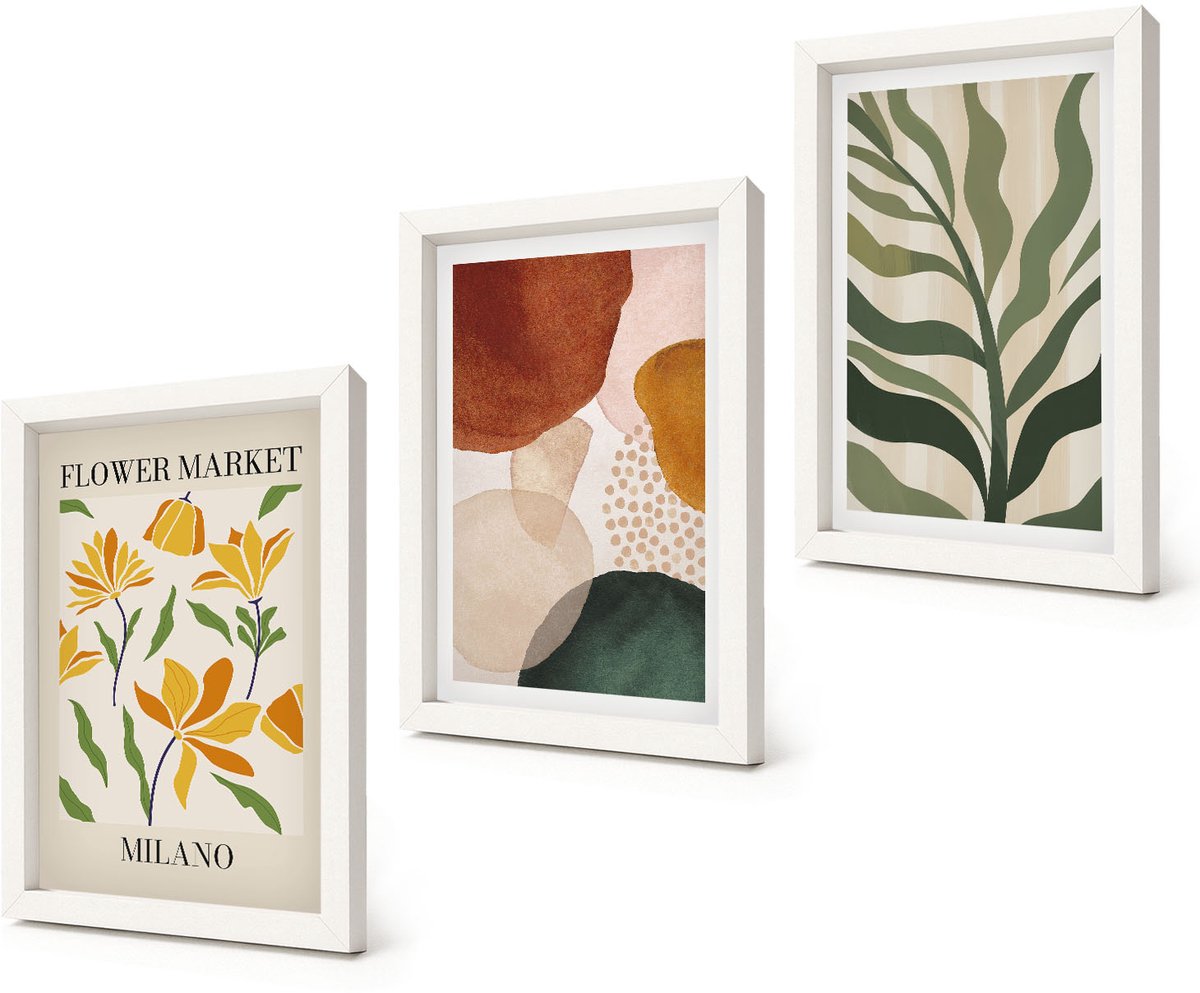 Coloray 3-Delige Schilderij Set - Bloemmotieven met abstracte vormen en bladeren - 20x30 - Muurdecoratie - Interieur Decoratie - Wanddecoratie
