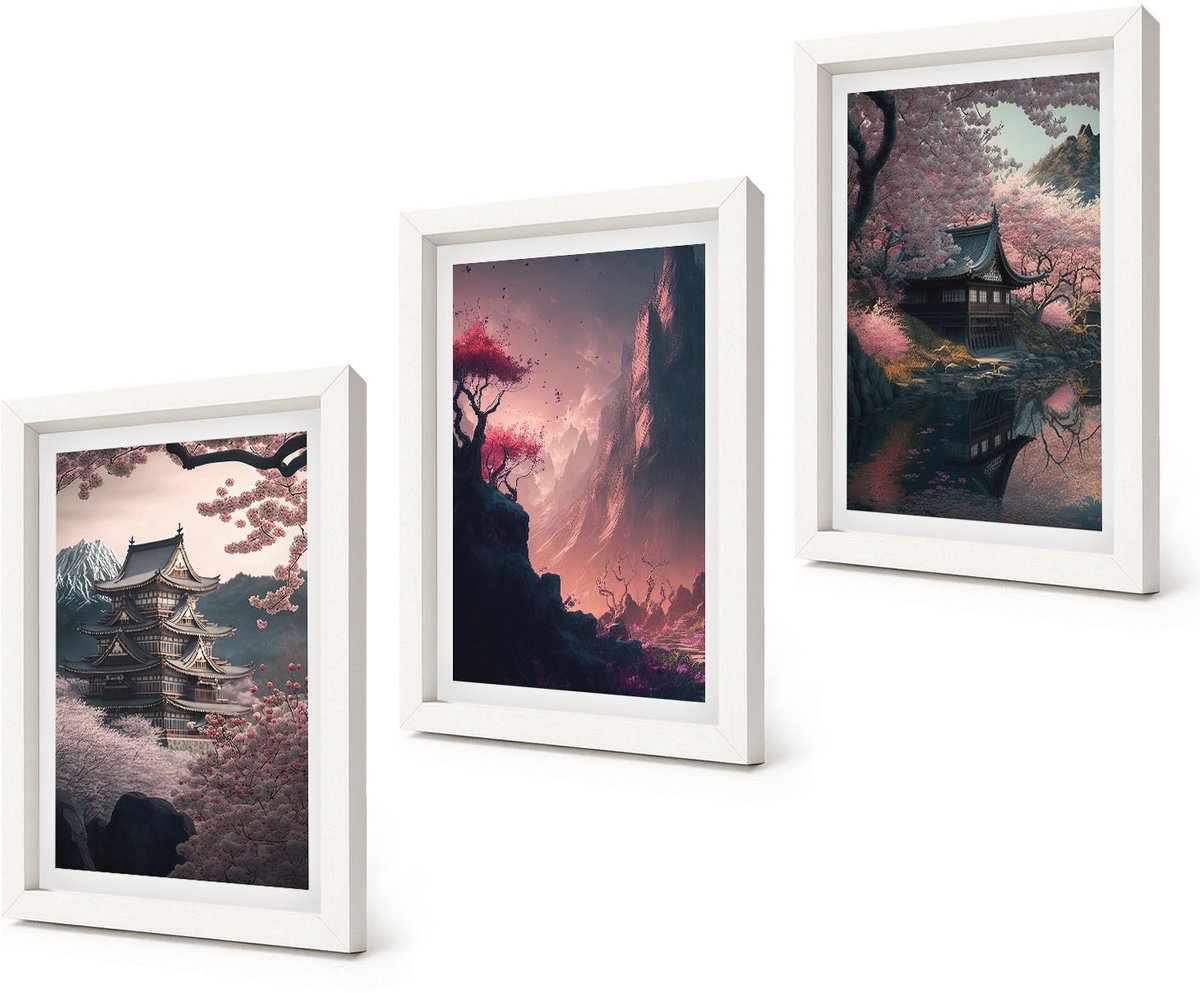 Coloray 3-Delige Schilderij Set - Fantasielandschappen van Japan Berglandschappen - 20x30 - Schilderijen Set - Wanddecoratie - Woonkamer - Interieur Decoratie