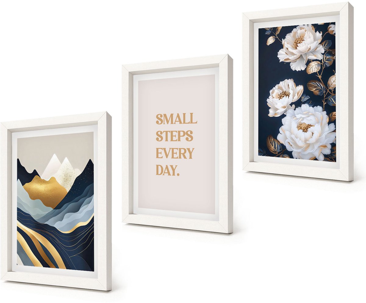 Coloray 3-Delige Schilderij Set - Abstracte bergen, bloemen en inspirerende letters - 20x30 - Muurdecoratie - Decoratieve Schilderijen - Wohnzimmer - Stijlvolle Muurdecoratie