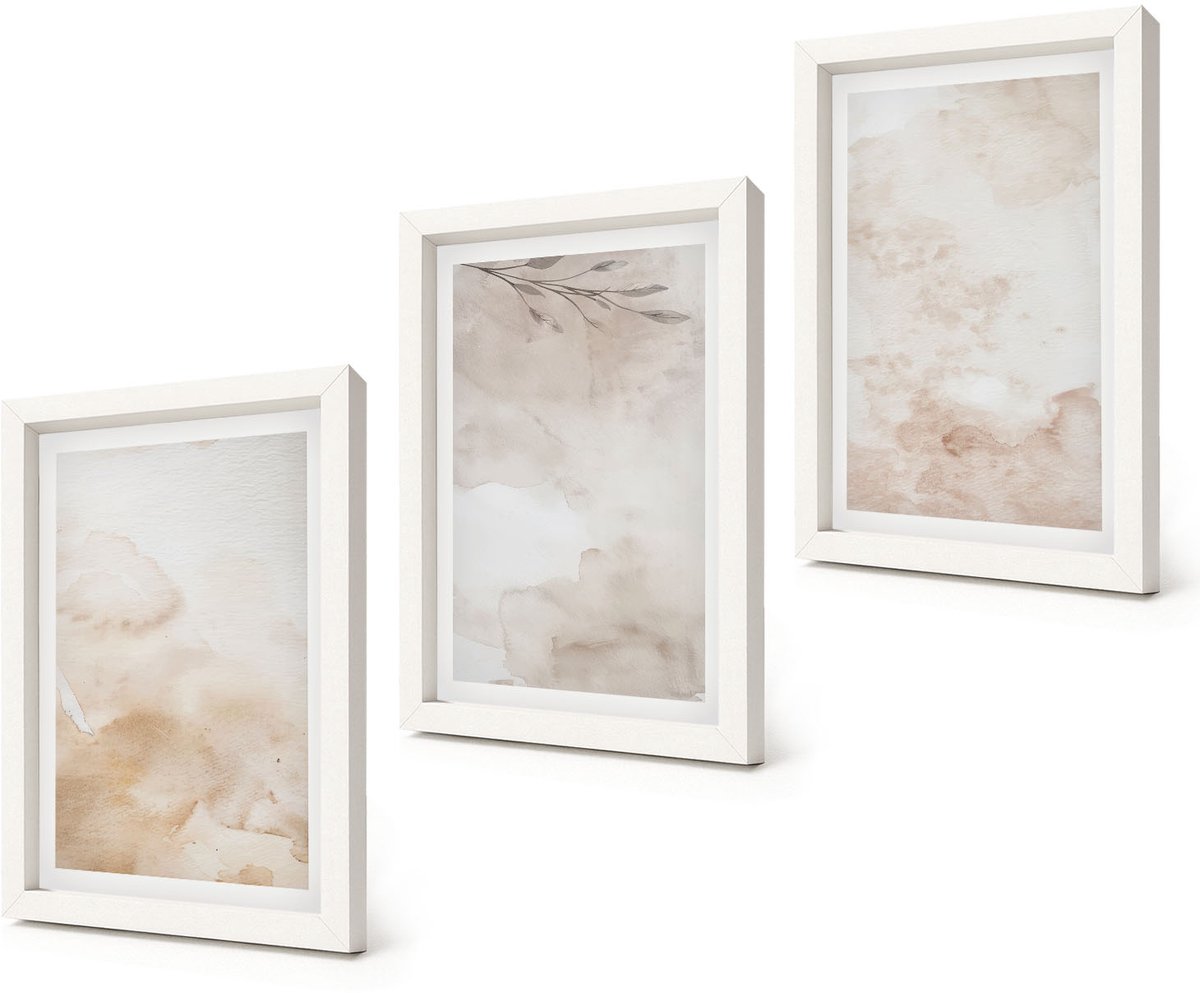 Coloray 3-Delige Schilderij Set - Aquarelvlekken en bladeren in pastelkleuren - 20x30 - Schilderijen Set - Wanddecoratie - Woonkamer - Stijlvolle Muurdecoratie