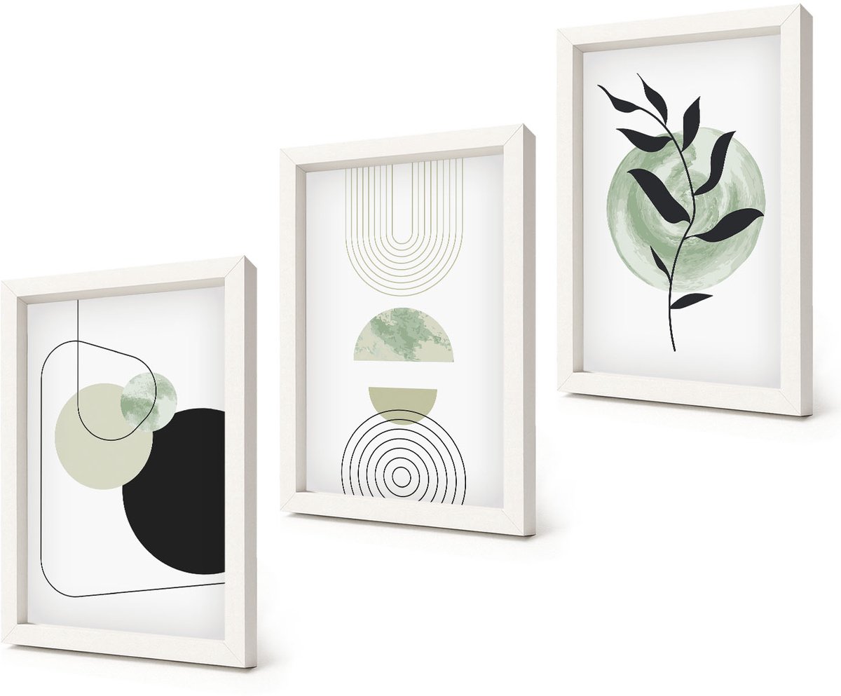 Coloray 3-Delige Schilderij Set - Abstracte vormen en plantmotieven in groen - 20x30 - Stijlvolle Muurdecoratie - Slaapkamer