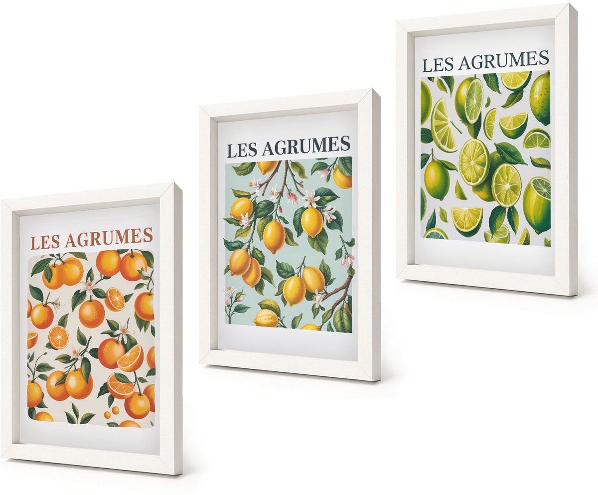 Coloray 3-Delige Schilderij Set - Fruitige citruspatronen in pastelkleuren - 20x30 - Schilderijen Set - Wanddecoratie - Woonkamer - Decoratieve Schilderijen