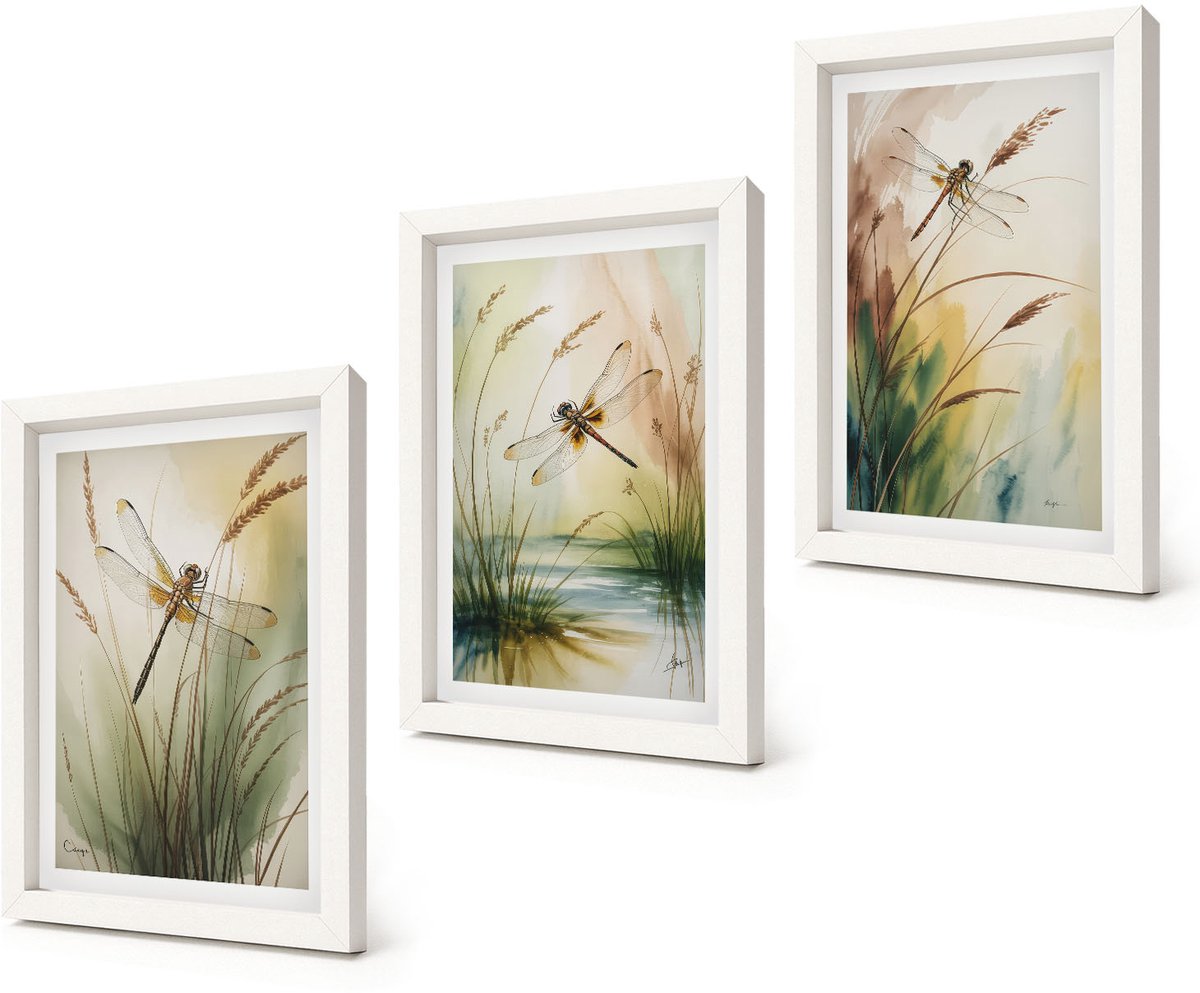 Coloray 3-Delige Schilderij Set - Libellen tussen het gras bij het water in een schilderachtige stijl. - 20x30 - Stijlvolle Muurdecoratie - Kantoor - Interieur Decoratie