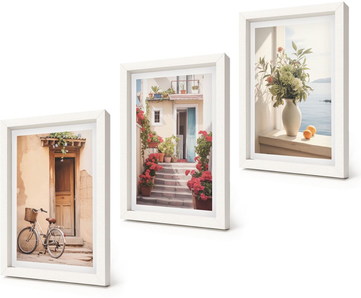 Coloray 3-Delige Schilderij Set - Charmante straatjes langs de kust met bloemen en fietsen. - 20x30 - Muurdecoratie - Interieur Decoratie - Decoratieve Schilderijen