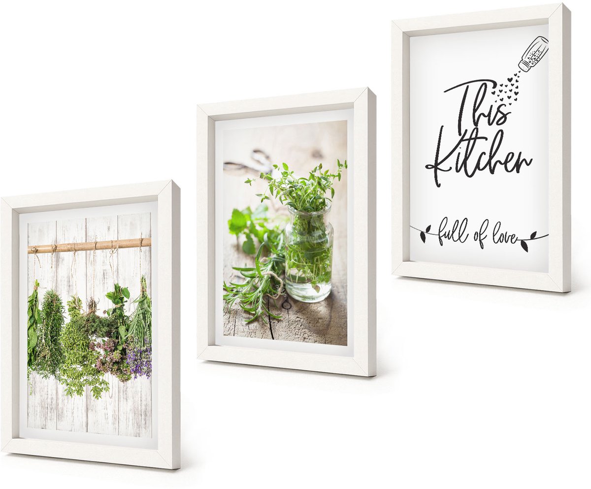 Coloray 3-Delige Schilderij Set - Keukenmotief Inscriptie Gedroogde kruiden - 20x30 - Stijlvolle Muurdecoratie - Slaapkamer - Decoratieve Schilderijen