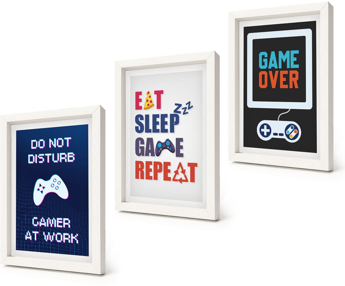 Coloray 3-Delige Schilderij Set - Ondertitels voor gamers met een entertainmentthema - 20x30 - Muurdecoratie - Wanddecoratie - Slaapkamer