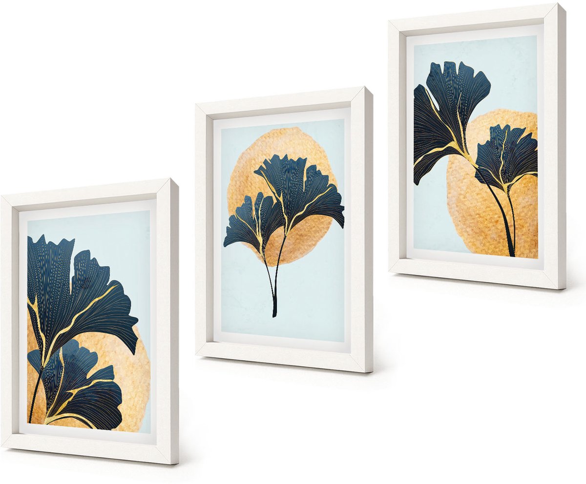 Coloray 3-Delige Schilderij Set - Esthetisch aantrekkelijke ginkgobladeren op een lichte achtergrond. - 20x30 - Decoratieve Schilderijen - Woonkamer - Interieur - Moderne Wanddecoratie