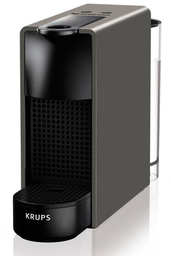 Grijze Krups Nespresso Essenza Mini koffiecupmachine met zwart rooster en waterreservoir.