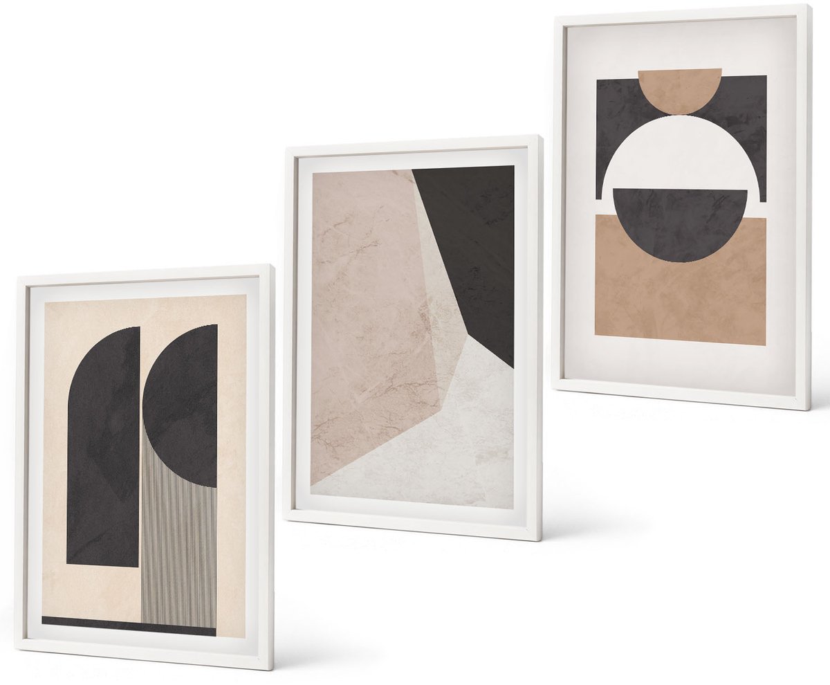 Coloray 3-Delige Schilderij Set - Abstracte Vormen In Beige En Bruine Tinten. - 40 x 60 - Decoratieve Schilderijen - Wanddecoratie - Hal - Moderne Wanddecoratie