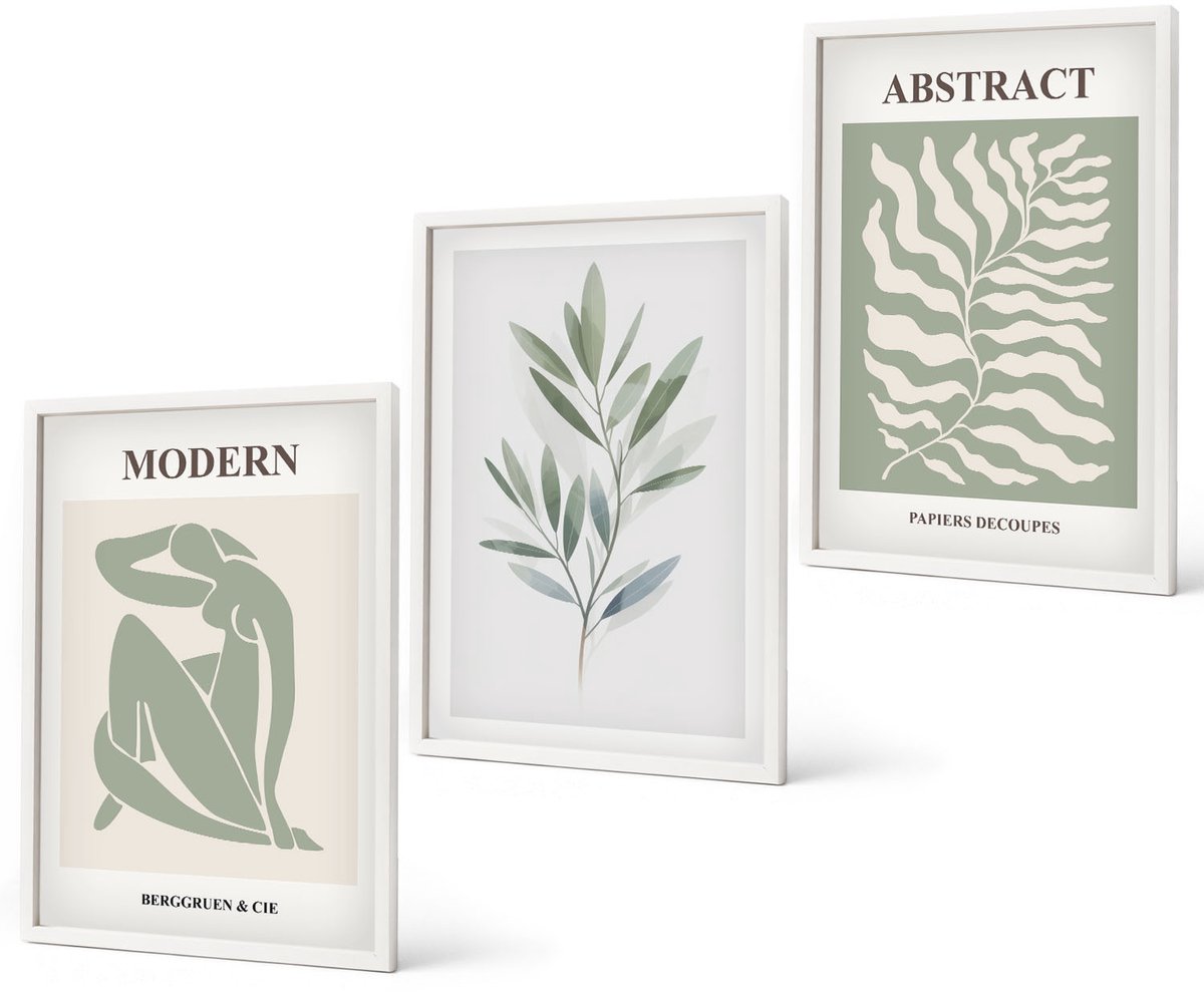 Coloray 3-Delige Schilderij Set - Matisse Design Aquarel Boho Planten - 40 x 60 - Decoratieve Muurdecoratie - Slaapkamer - Wanddecoratie