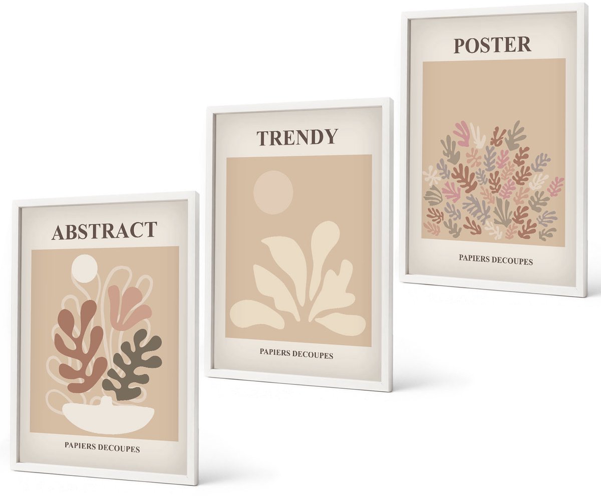 Coloray 3-Delige Schilderij Set - Posters Met Plantmotieven In Beige En Bruine Tinten - 40 x 60 - Stijlvolle Muurdecoratie - Kantoor