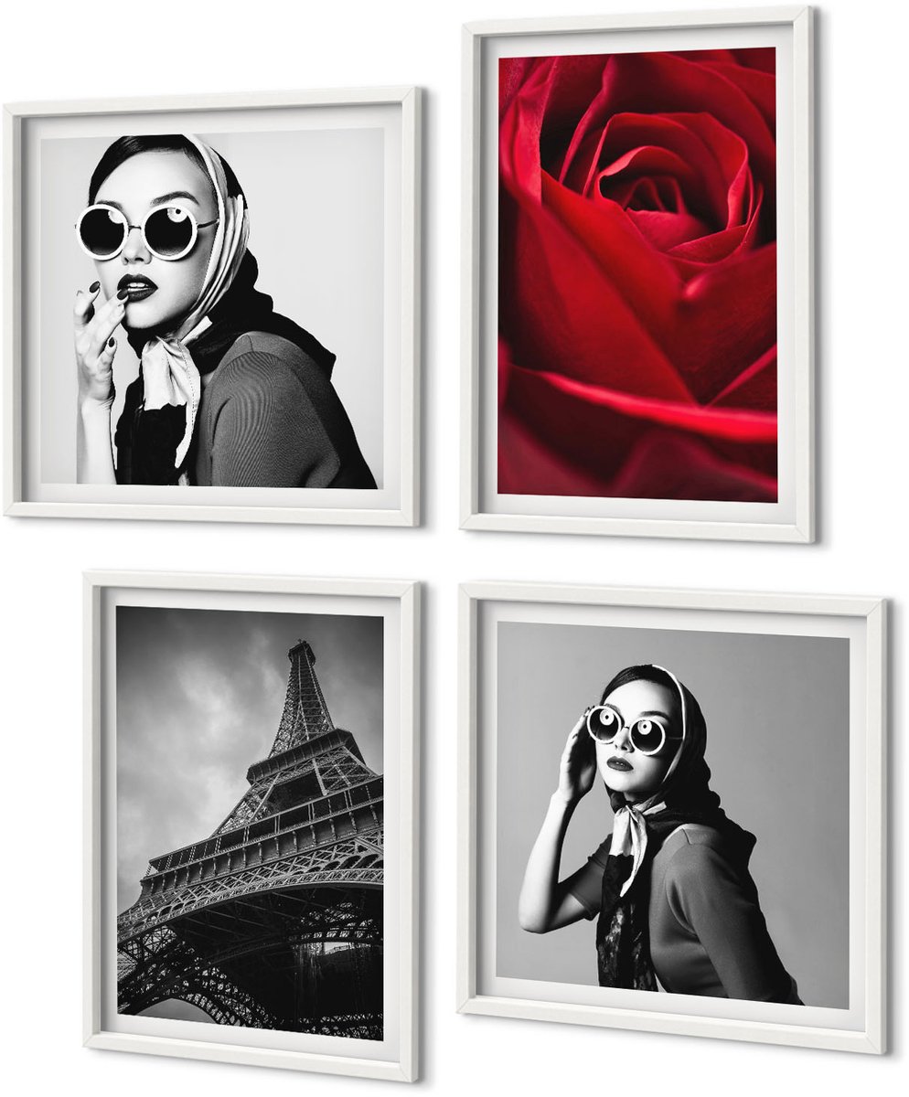 Coloray 4-Delige Schilderij Set - Parijse Vrouw Met Bril, Roos En Eiffeltoren - 40 x 40 En 40 x 60 - Stijlvolle Muurdecoratie - Slaapkamer - Interieur Decoratie
