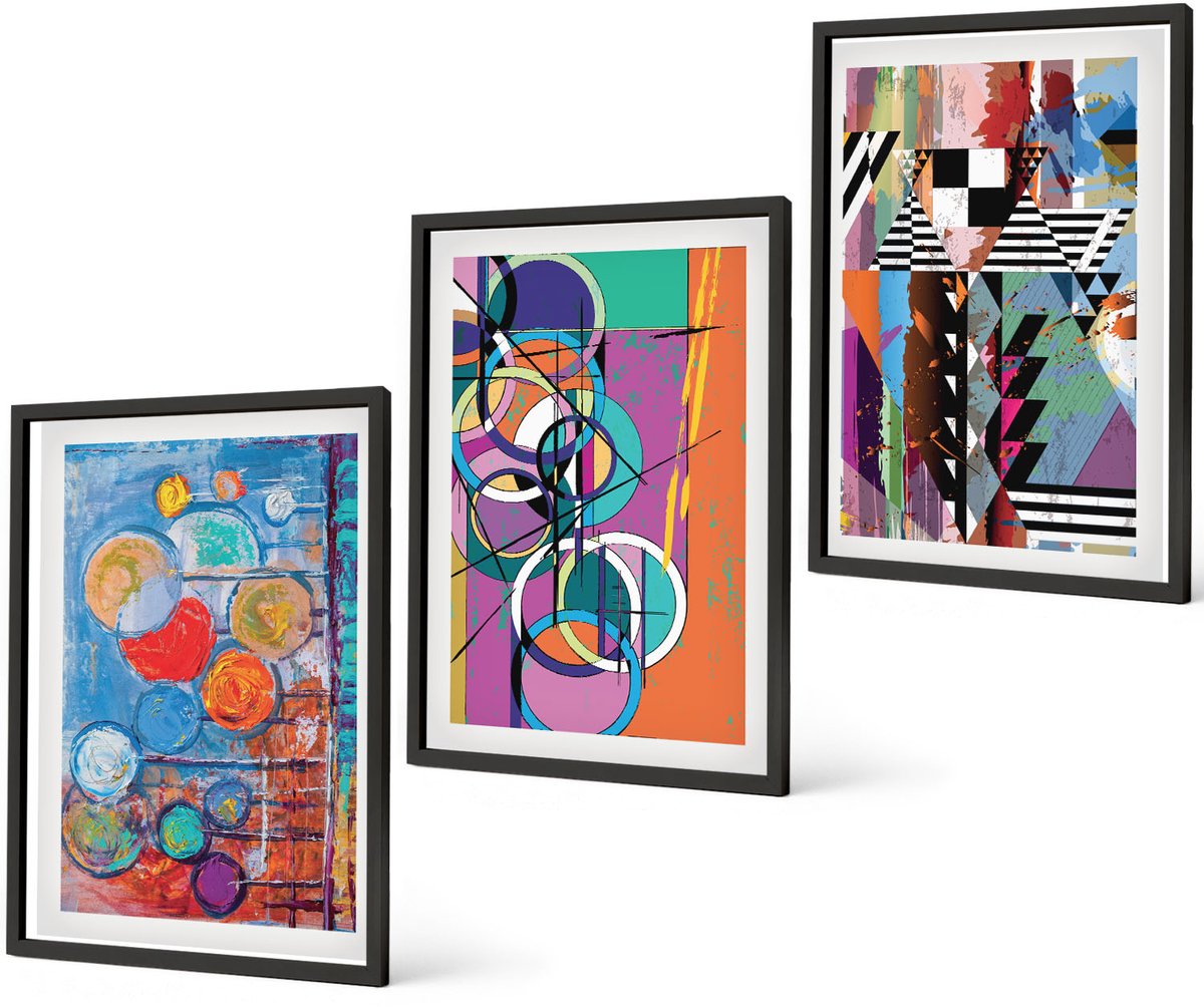 Coloray 3-Delige Schilderij Set - Kleurrijke Abstracties Met Cirkels En Geometrische Patronen - 40 x 60 cm - Muurdecoratie - Interieur Decoratie - Woonkamer Decoratie