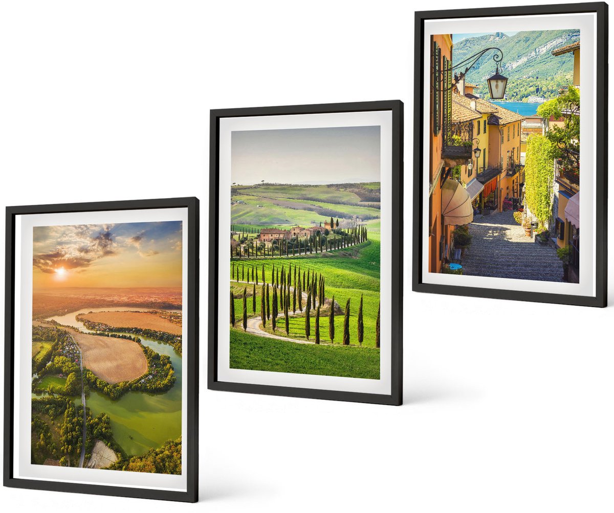 Coloray 3-Delige Schilderij Set - Italiaanse Landschappen Met Een Rivier, Heuvels En Een Stadsstraat - 40 x 60 cm - Decoratieve Schilderijen - Woonkamer - Interieur - Interieur Decoratie