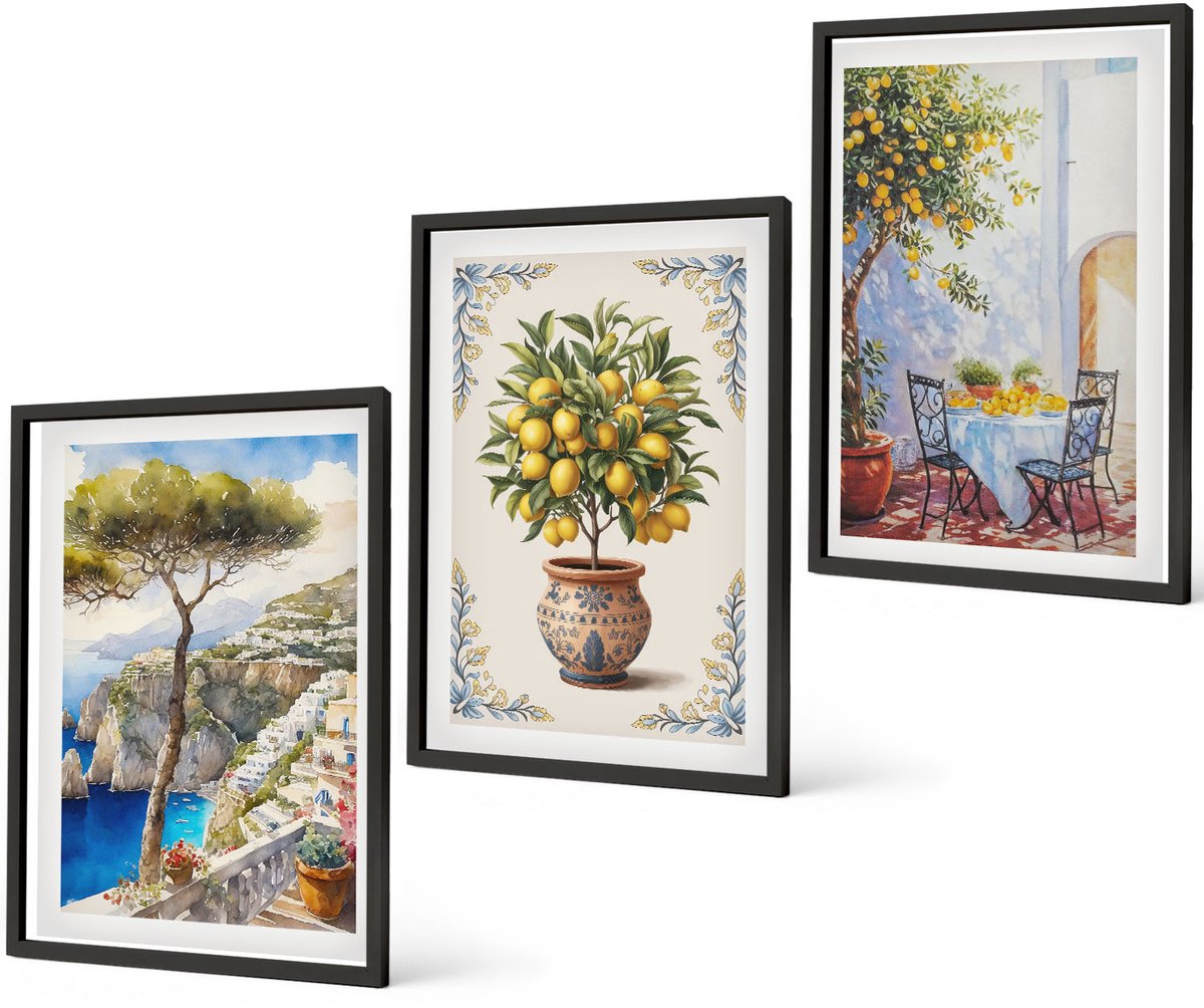 Coloray 3-Delige Schilderij Set - Zeezicht Met Citroenboom En Tuintafel - 40 x 60 cm - Muurdecoratie - Decoratieve Schilderijen - Wohnzimmer - Wanddecoratie