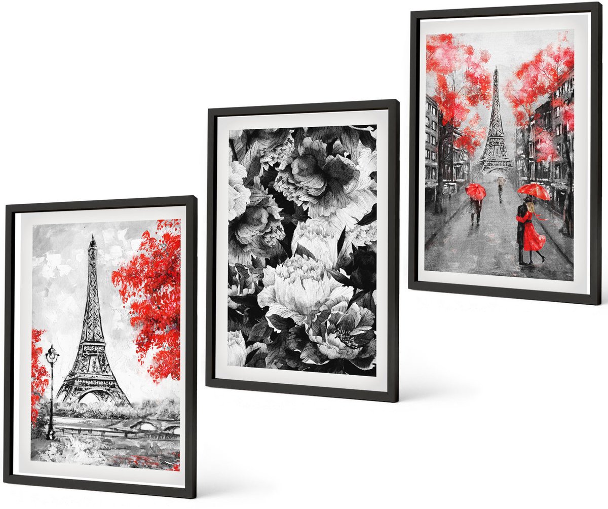 Coloray 3-Delige Schilderij Set - Eiffeltoren In Grijs Met Rode Accenten - 40 x 60 cm - Wanddecoratie - Muurdecoratie - Moderne Interieurdecoratie - Moderne Wanddecoratie