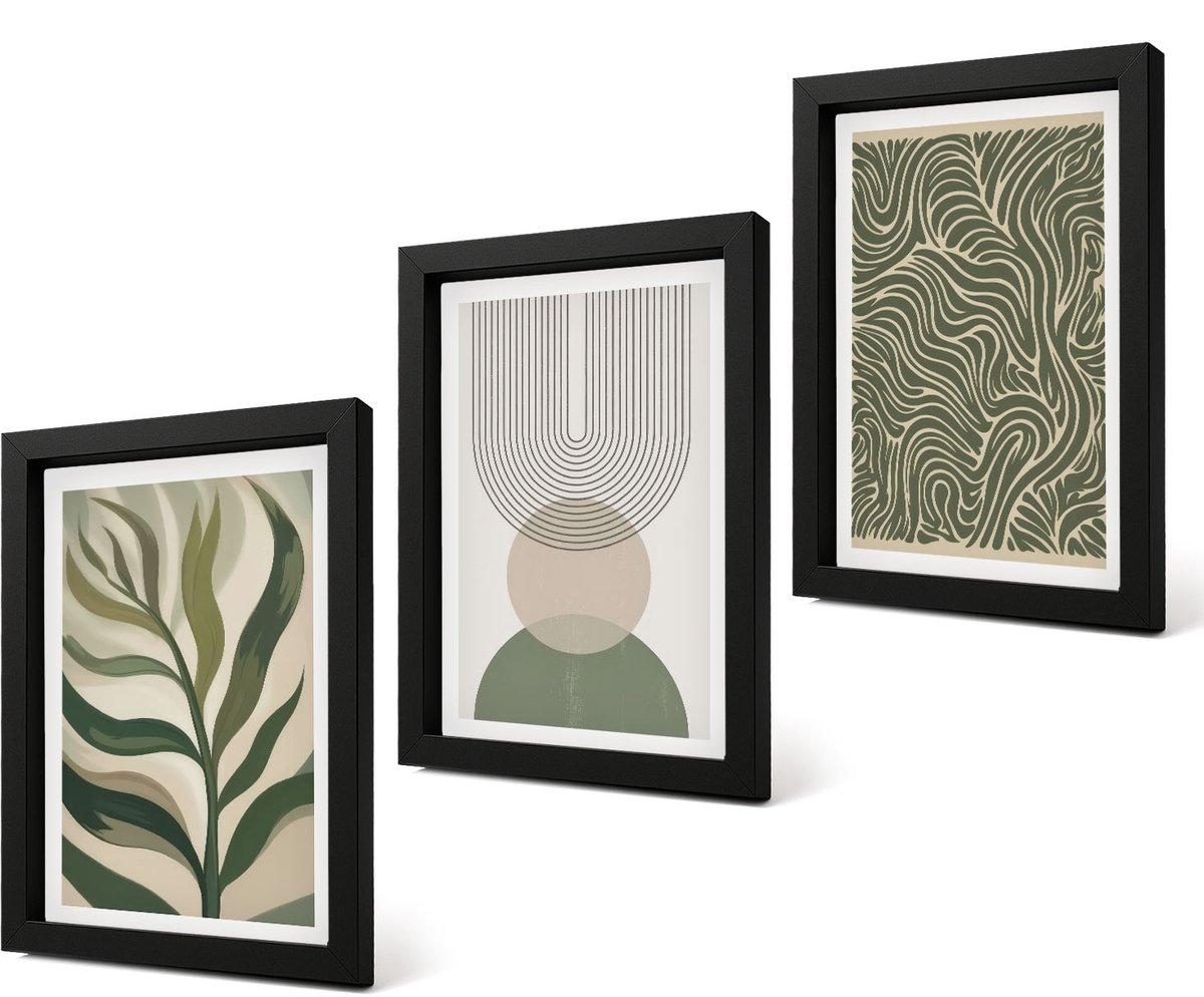 Coloray 4-Delige Schilderij Set - Abstracte bladeren en geometrische vormen - 20 x 30 cm - Moderne Wanddecoratie - Woonkamer