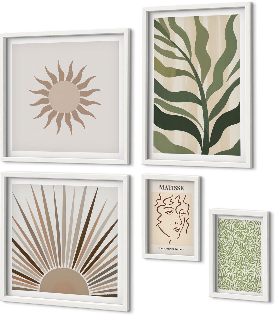 Coloray 5-Delige Schilderij Set - Stijlvolle Afbeeldingen Met Plantmotieven En Abstracte Patronen. - 50 x 50 cm, 20 x 30 cm En 40 x 60 cm - Decoratieve Muurdecoratie - Slaapkamer - Woonkamer Decoratie