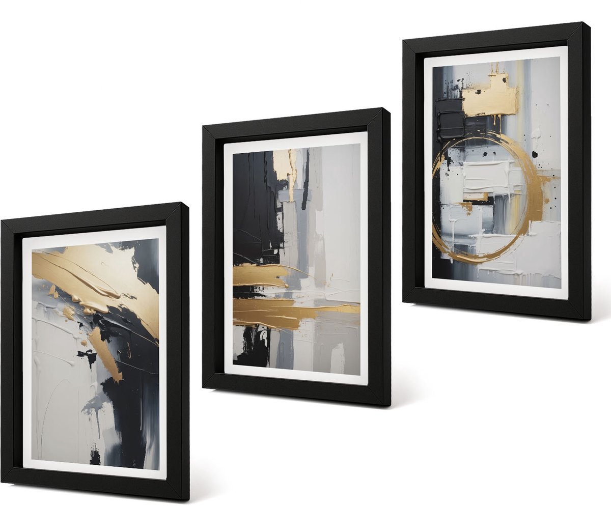Coloray 4-Delige Schilderij Set - Abstracte schilderijen in zwart-wit - 20 x 30 cm - Decoratieve Muurdecoratie - Slaapkamer - Decoratieve Schilderijen