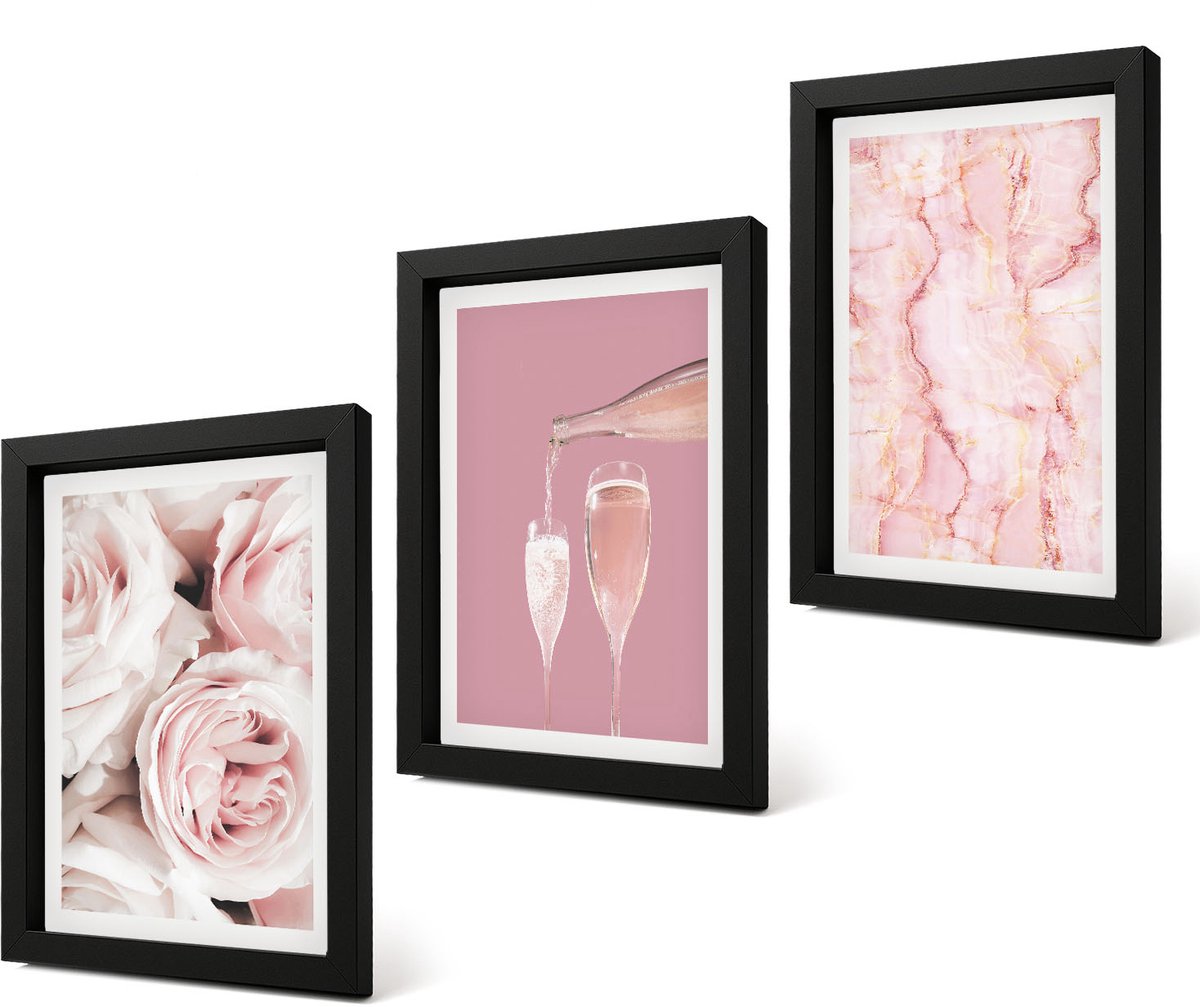 Coloray 4-Delige Schilderij Set - Champagnekleurige rozen en een pastelkleurige marmeren achtergrond - 20 x 30 cm - Muurdecoratie - Wanddecoratie - Slaapkamer - Woonkamer Decoratie