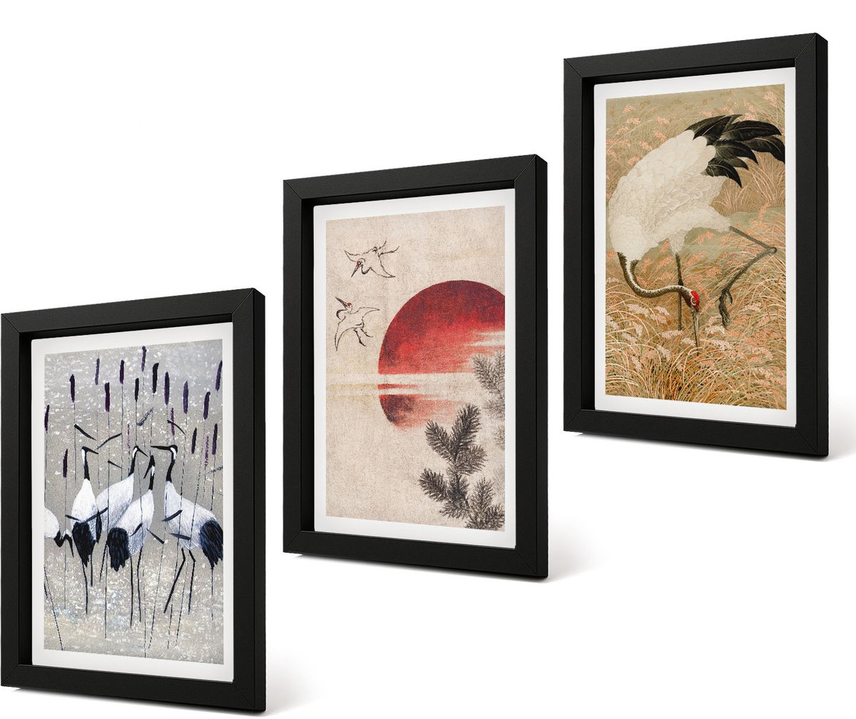Coloray 4-Delige Schilderij Set - Illustraties van Japanse kraanvogels Japandi Landschap - 20 x 30 cm - Wanddecoratie - Schilderijen Set - Interieur - Decoratieve Schilderijen