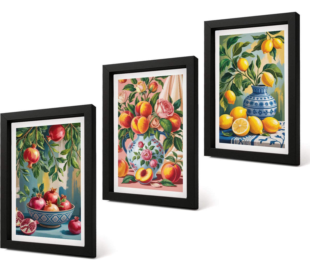 Coloray 4-Delige Schilderij Set - Fruitcomposities met granaatappels, citroenen en perziken - 20 x 30 cm - Wanddecoratie - Schilderijen Set - Interieur - Moderne Wanddecoratie