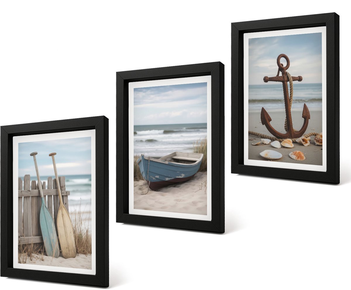 Coloray 4-Delige Schilderij Set - Strand met een roeiboot en een anker op het zand - 20 x 30 cm - Muurdecoratie - Wanddecoratie - Hal