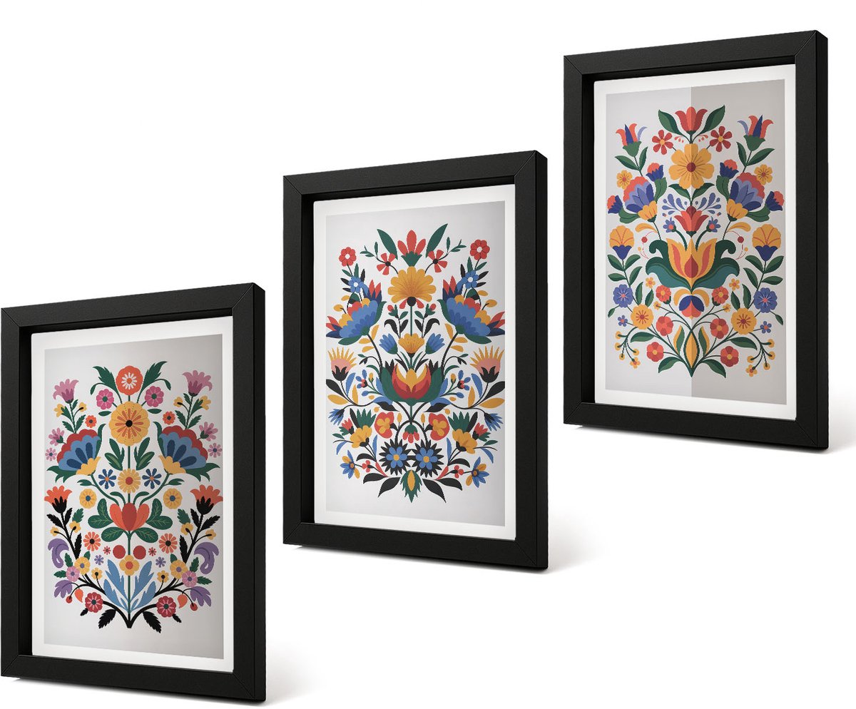 Coloray 4-Delige Schilderij Set - Bloemmotieven in intense kleuren op een witte achtergrond. - 20 x 30 cm - Wanddecoratie - Moderne Interieurdecoratie - Interieur Decoratie