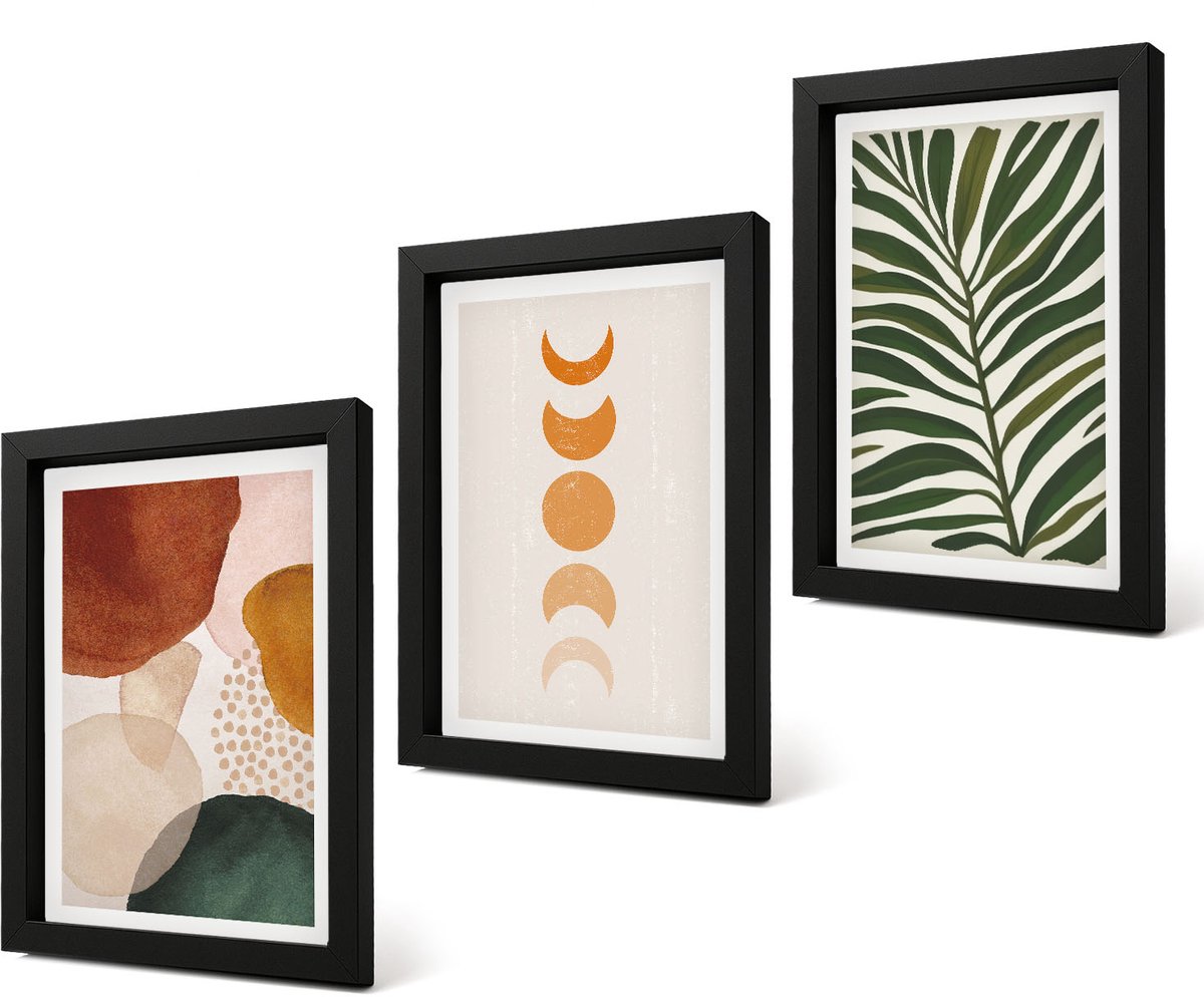 Coloray 4-Delige Schilderij Set - Abstracte vormen in warme kleuren en bladeren - 20 x 30 cm - Stijlvolle Muurdecoratie - Slaapkamer - Woonkamer Decoratie