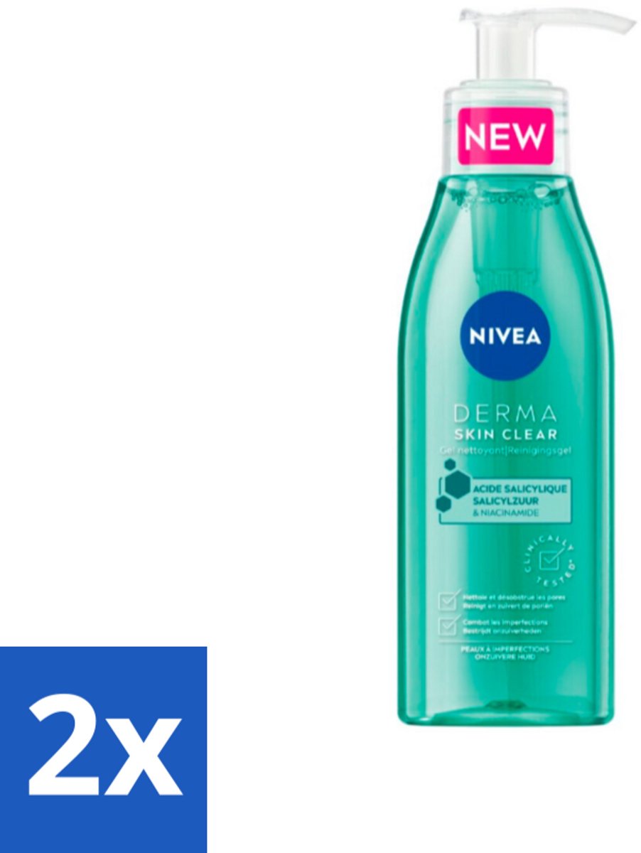 2 x NIVEA - Reinigingsgel - DERMA Huidzuiver - Voor onzuivere huid - Met Salicylzuur (AHA) & Niacinamide - Tegen Acne & Mee-eters - 150 ml - Gezichtsreiniger - Onzuivere Huid - Puistjes - Mee-eters - Salicylzuur