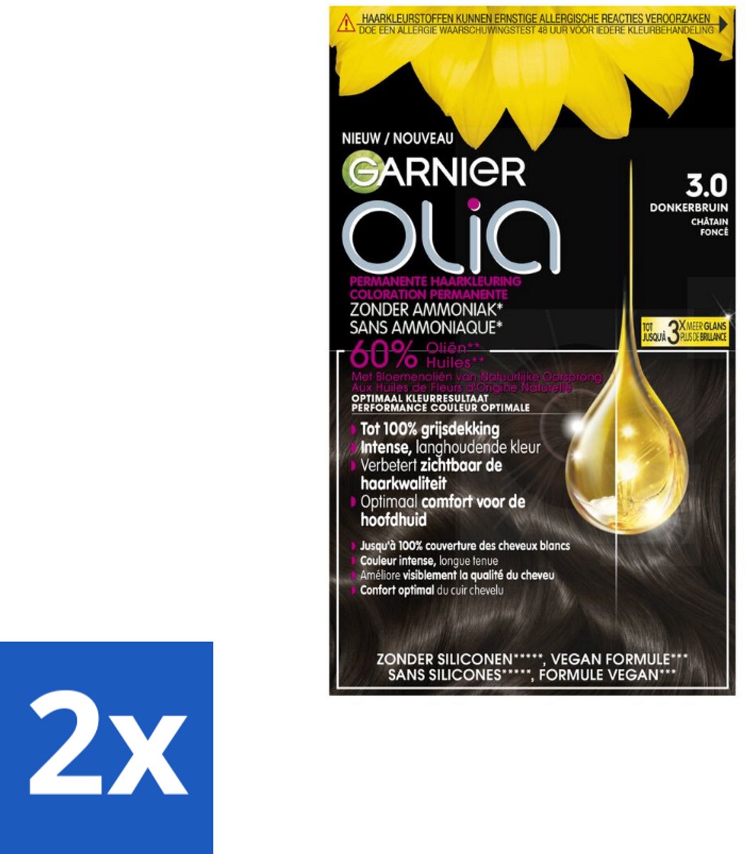 2 x Garnier - Olia 3 - Haarkleuring - Donkerbruin - Zonder Ammoniak - Intense Langhoudende Kleur - 100% Grijsdekking - Permanente Haarkleuring - Haarkleur - Haarkleuring Zonder Ammoniak - Donkere Haarkleur - Grijsdekking
