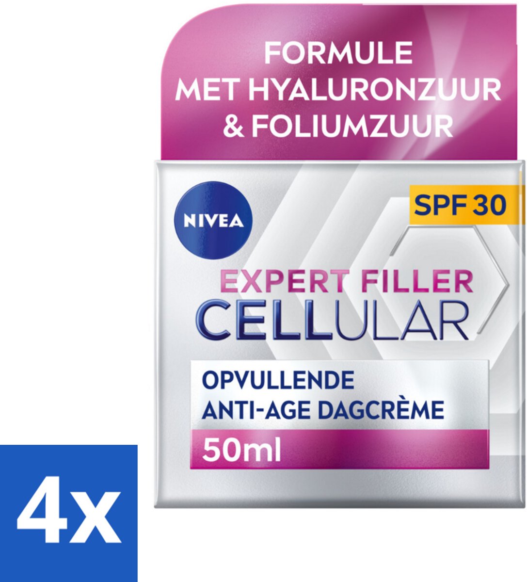 4 x NIVEA - CELLular Expert Filler Dagcrème - Anti-Veroudering Gezichtscrème - SPF 30 - Met Hyaluronzuur, Creatine & Foliumzuur - 50 ml - Anti-rimpel Crème - Dagcrème - Anti-aging - Hyaluronzuur - Creatine
