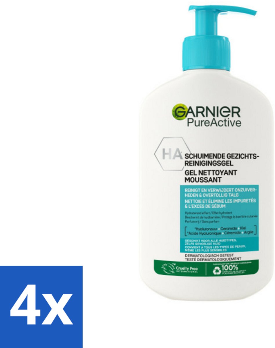 4 x Garnier - Pure Active - Gezichtsreiniger - Hydraterend - 250 ml - Gezichtsreiniger - Hydraterende Reiniger - Garnier Pure Active - Gezichtsverzorging - Gevoelige Huid