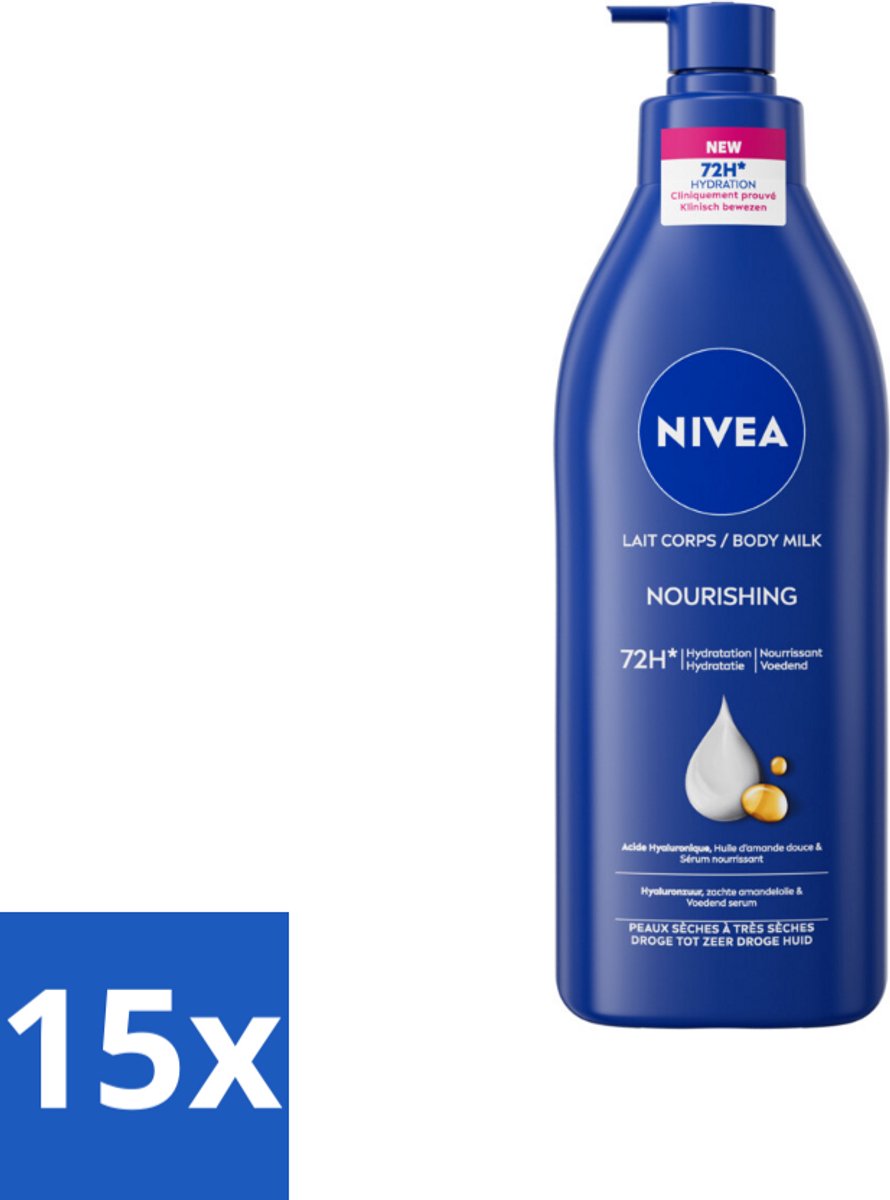 Nivea - Nourishing - Body Milk met Pomp - Voor Droge tot Zeer Droge Huid - 72 uur Hydratatie - 400 ml - Bulkverpakking - 15 stuks