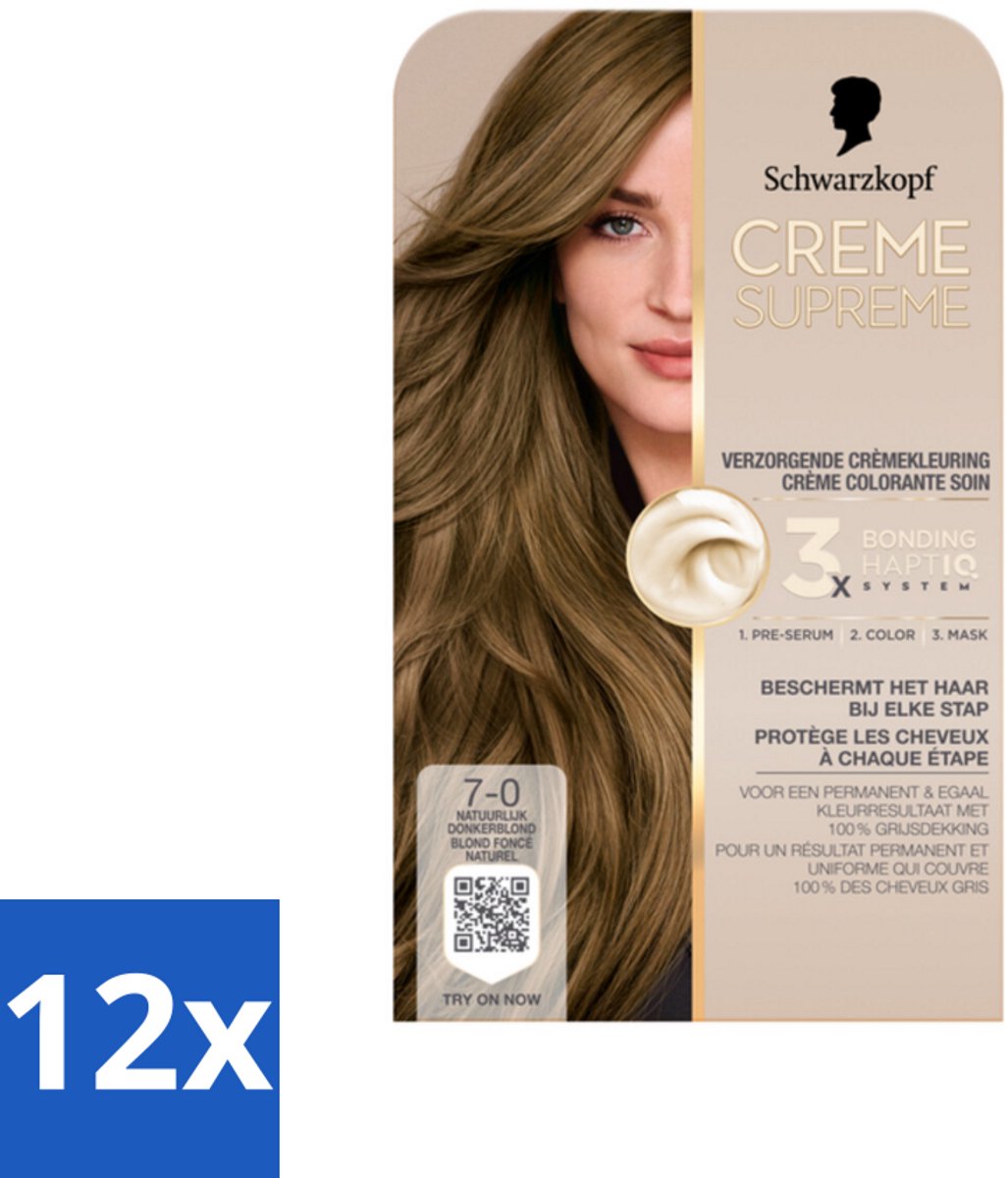 12 x Schwarzkopf - Haarkleuring - Creme Supreme 7-0 - Natuurlijk Donkerblond - 245g - Permanente Haarkleur - Haarkleur Donkerblond - Grijsdekking - Haarkleur Verzorging - Haarkleur Versterken