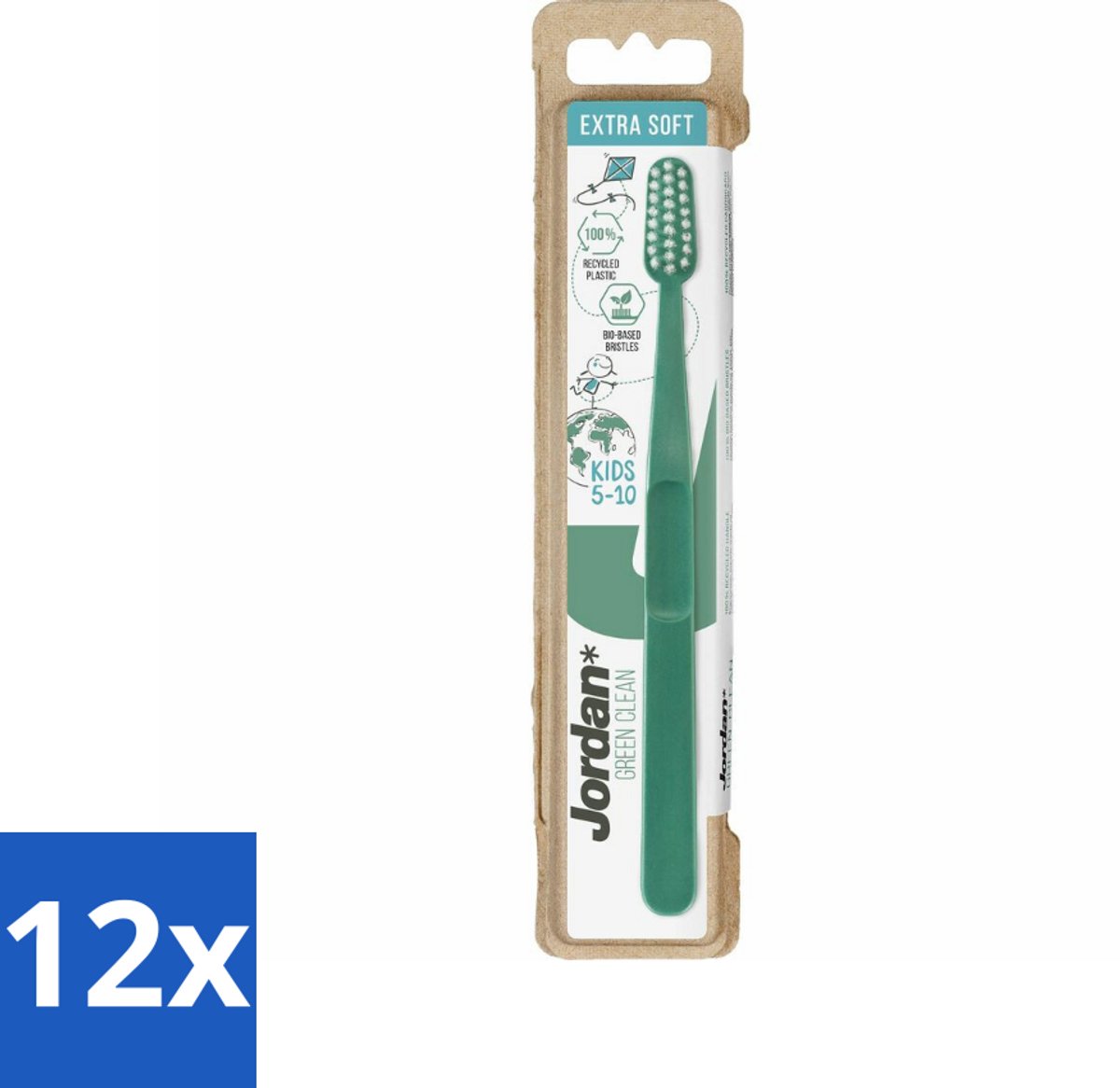 12 x Jordan - Tandenborstel - Green Clean - Extra Soft - 5 tot 10 Jaar - Kinder Tandenborstel - Tandenborstel Voor Kinderen - Duurzame Tandenborstel - Milieuvriendelijke Tandenborstel - Biologische Tandenborstel
