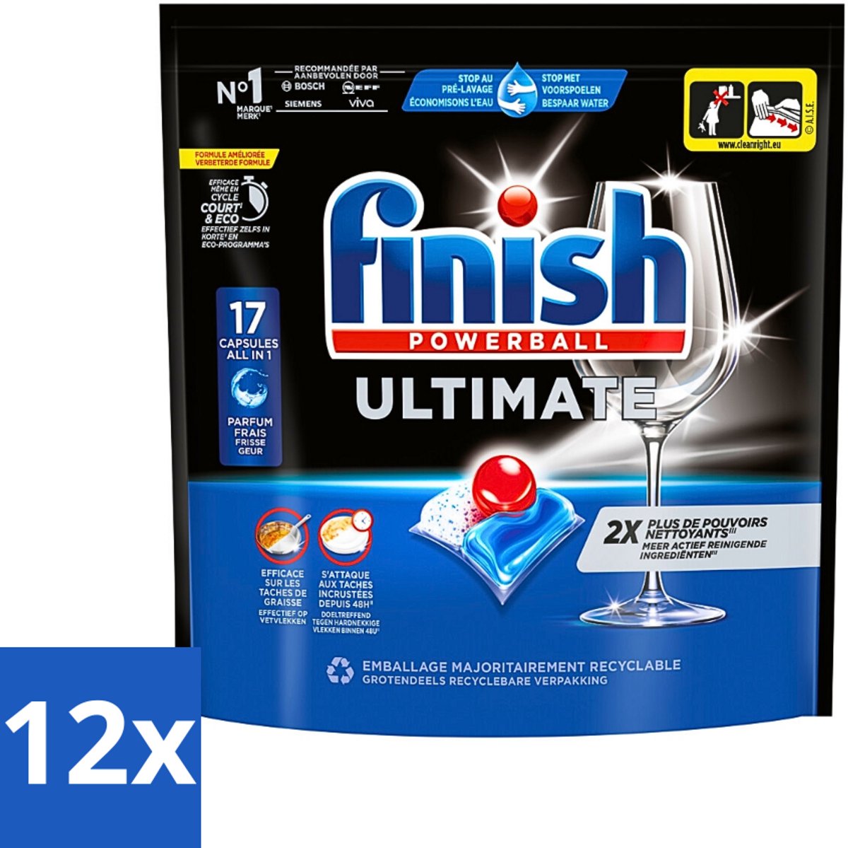 12 x Finish - Vaatwasmiddel - Ultimate Vaatwastabletten Regular - Krachtige Reiniging - 17 capsules - Vaatwastabletten - Vaatwasser Capsules - Finish Ultimate - Vaatwasser Schoonmaak - Vaatwasser Tabletten