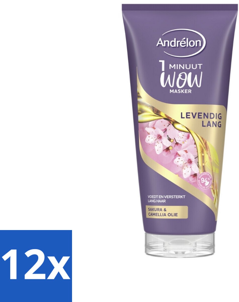12 x Andrélon - WOW - Masker - Levendig Lang - 180 ml - Haar Masker - Lang Haar - Haarverzorging - Sakura Olie - Camellia Olie