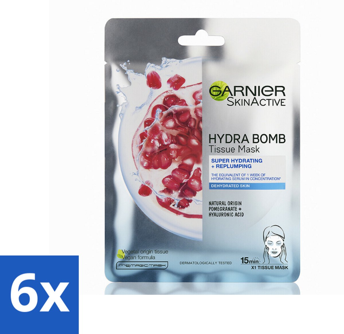 6 x Garnier - SkinActive - Hydra Bomb Sheet Mask - Granaatappel - Gezichtsmasker - 1 Gezichtsreinigingsmiddel - Gezichtsmasker - Hydraterend Masker - Granaatappel - Droge Huid - Gevoelige Huid
