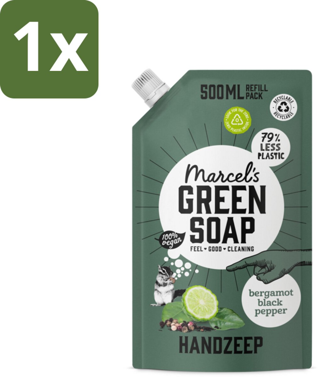 1 x Marcel's Green Soap - Handzeep - Bergamot & Black Pepper - Natuurlijke verzorging - 500 ml - Handzeep Bergamot En Zwarte Peper - Navulling Handzeep - Biologisch Afbreekbare Handzeep - Plantaardige Handzeep - Zachte Handzeep