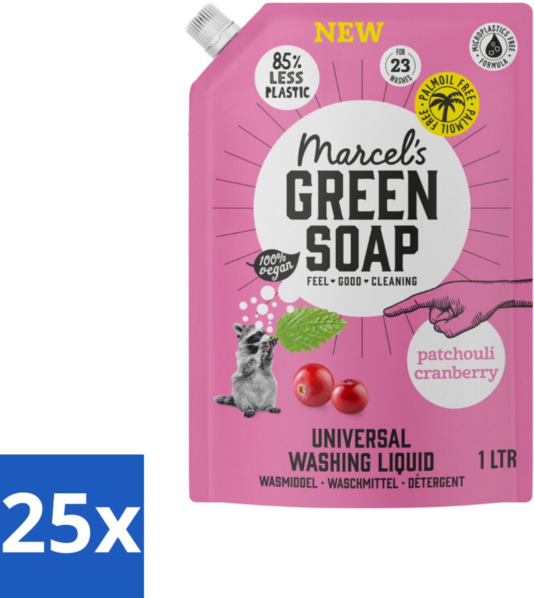 Marcel's Green Soap - Vloeibaar Wasmiddel - Universeel - Navulling - Patchouli & Cranberry - Effectief & natuurlijk - 23 Wasbeurten - 1 liter - Bulkverpakking - 25 stuks