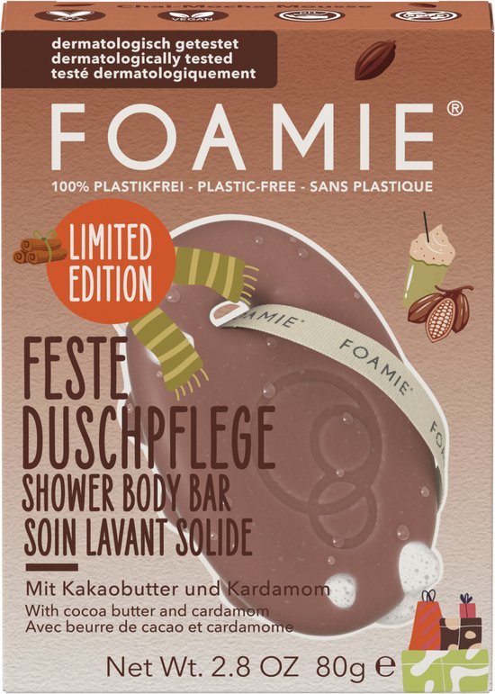 Limited edition Foamie douche bar in chocoladebruin met tekst 'Feste Duschpflege' en illustraties van cacao.