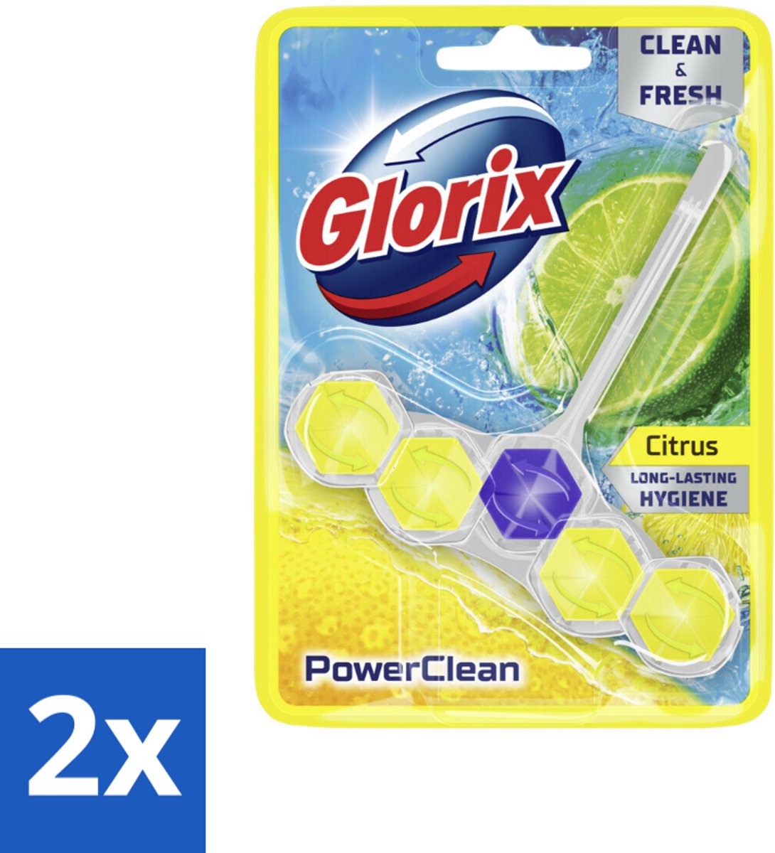 2 x Glorix - Toiletblok - Power Clean Citroen - Fris & Citroen - 1 blok - Toiletblok - Toilet Schoonmaken - Citrusgeur - Anti-kalk - Hygiënisch Toilet