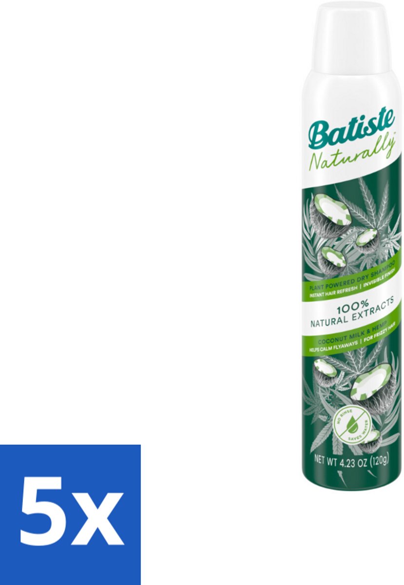 5 x Batiste - Naturally Coconut Milk & Hemp Seed Oil - Droogshampoo - Anti-Pluis en Verfrist - 100% Natuurlijk - 200ml - Droogshampoo - Anti-pluis - Natuurlijk Haarverzorging - Kokosmelk - Hennepzaadolie