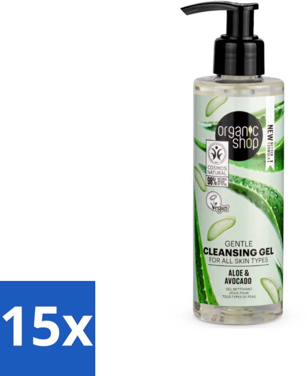 15 x Organic Shop - Cleansing Gel Avocado & Aloe - Verfrissend en Hydraterend - 200 ml - Gezichtsreiniging - Avocado-olie - Aloë-extract - Natuurlijke Reiniging - Hydraterend